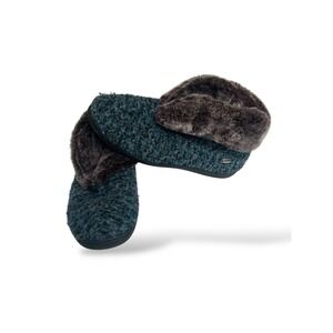 Acorn Woman's Blue & Black Sweater Faux Chinchilla Trim Booties‎ Slippers Sz 9.5